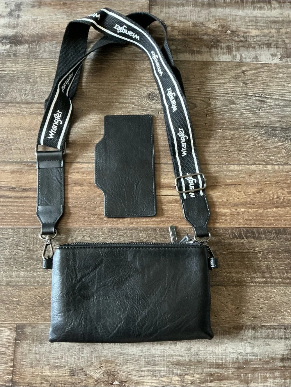 Wrangler Black Crossbody Phone Pouch with Brown Cardholder